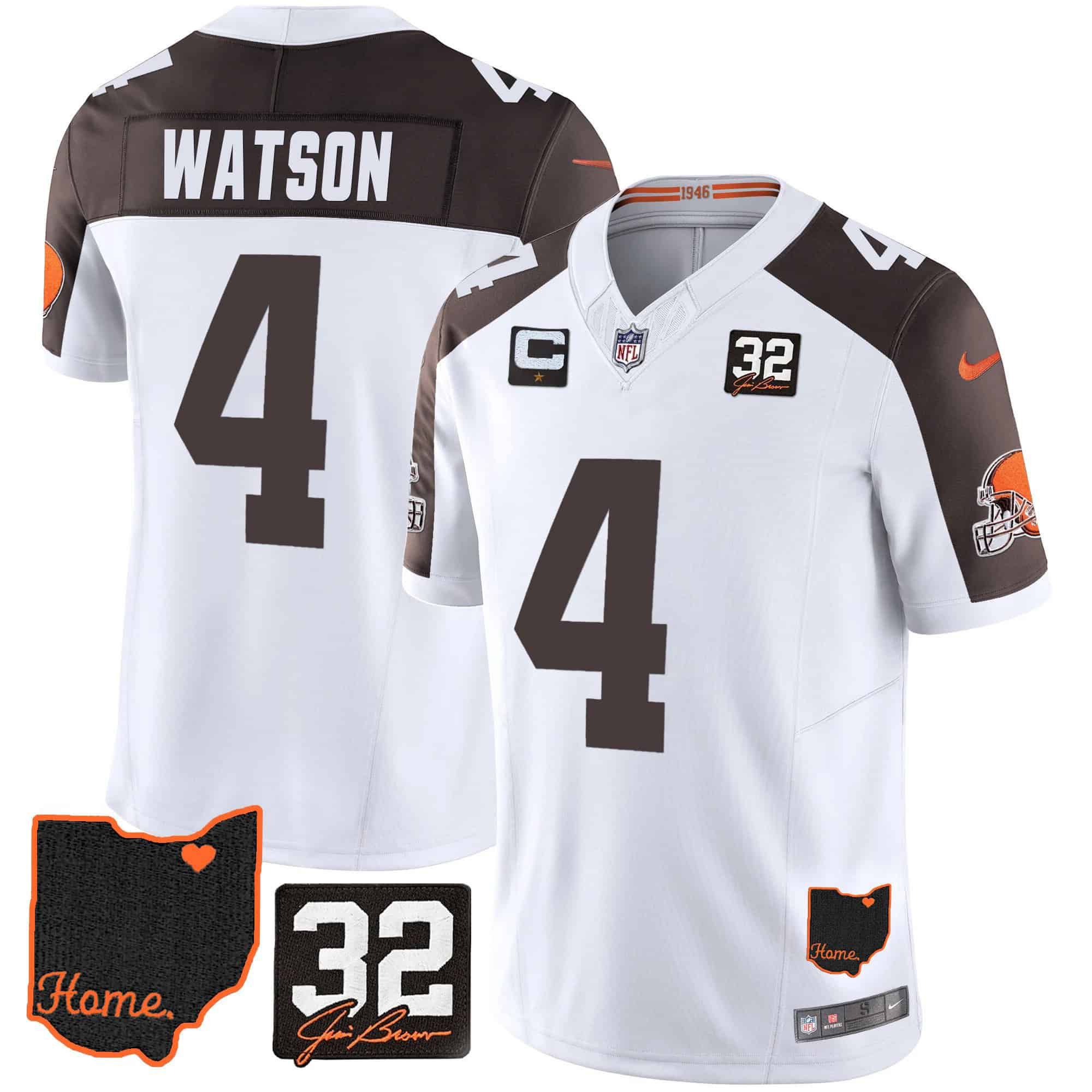 Men Cleveland Browns #4 Watson White Memorial Home Patch 2024 Nike NFL Jersey style 1